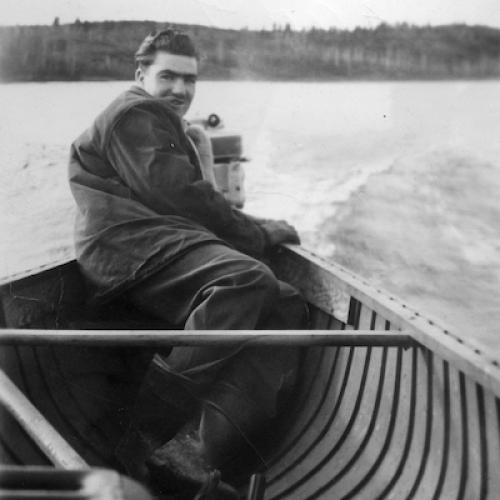 Canoe with kicker on the Yellowknife River 1946 (Dale Attrell Collection)